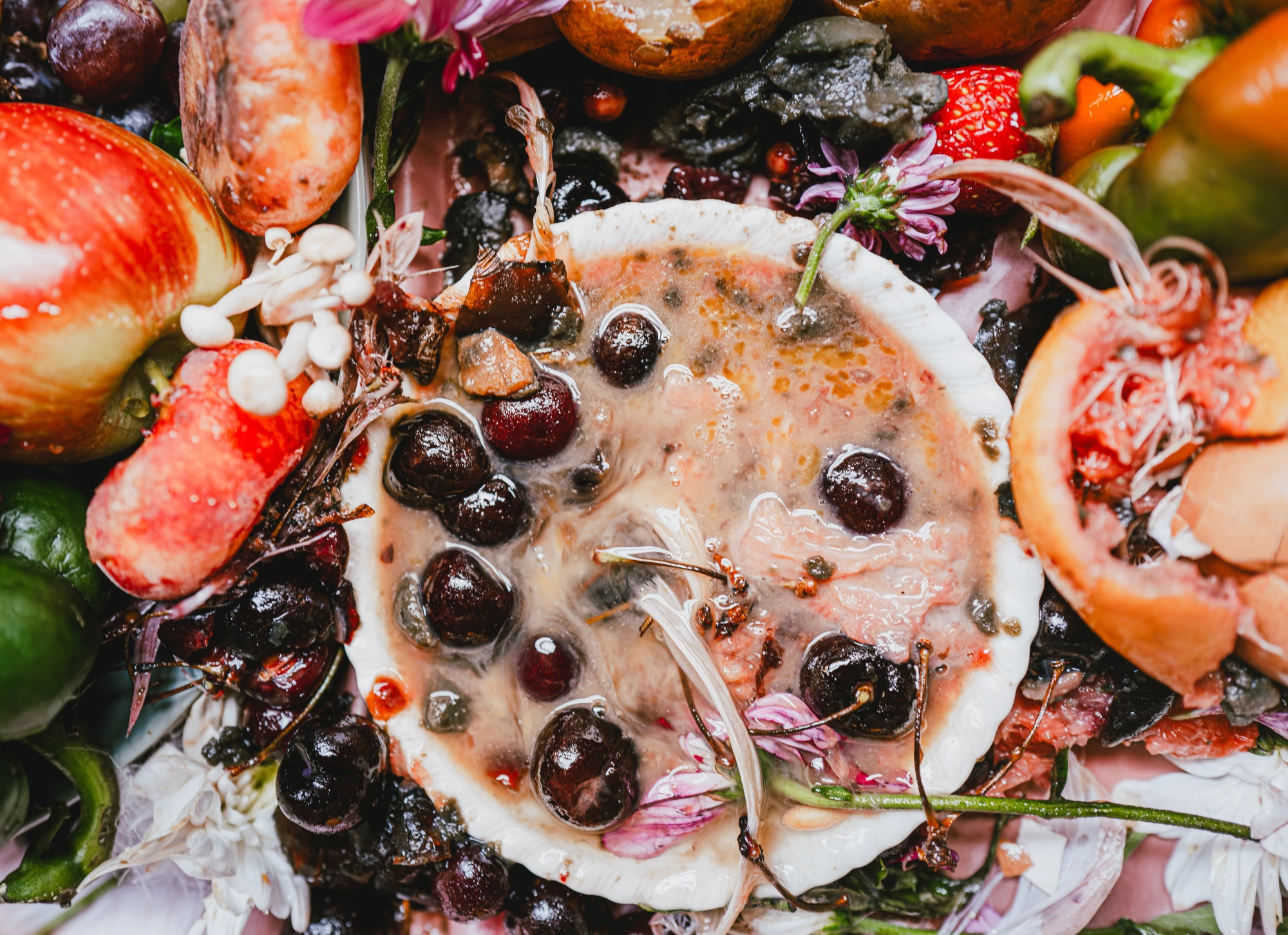 cherries inside a bowl of milkty liquid.