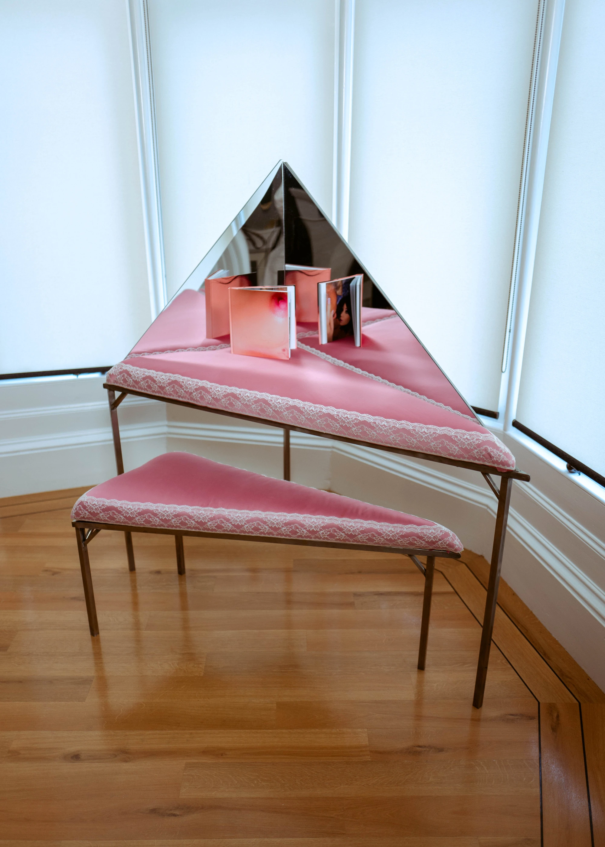 a book with a flesh coloured cover featuring a pink nipple stands on a triangular dressing table.