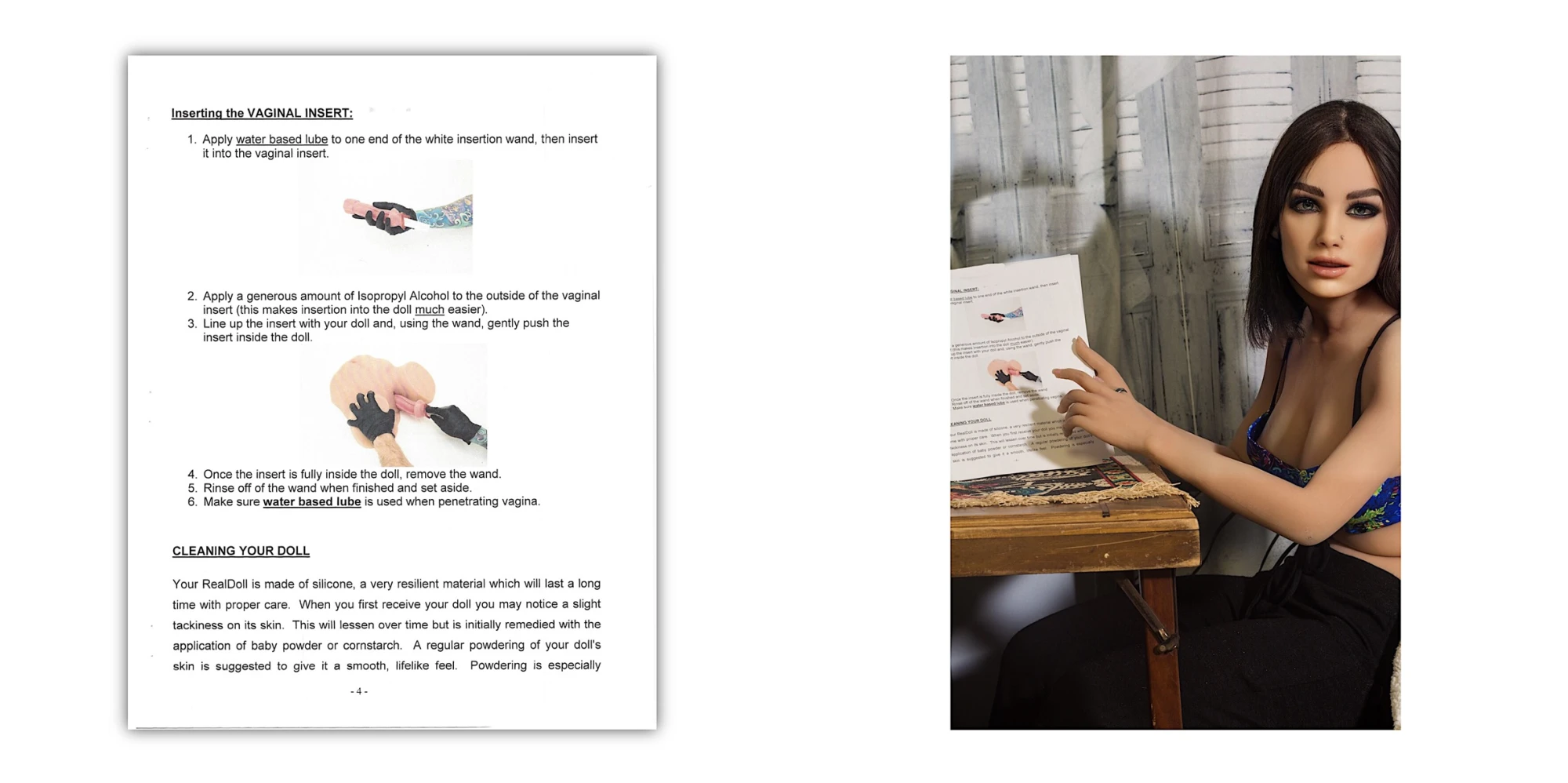 a double page spread from a book. The left features a description with images on how to clean your love doll. The right is a doll picking up the manual and pointing at it.