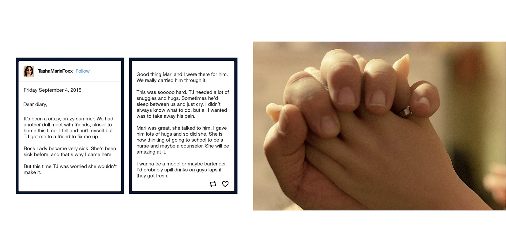 a double page spread from a book. The left is a tumblr entry and the right shows two hands clasped, one silicone and one human.