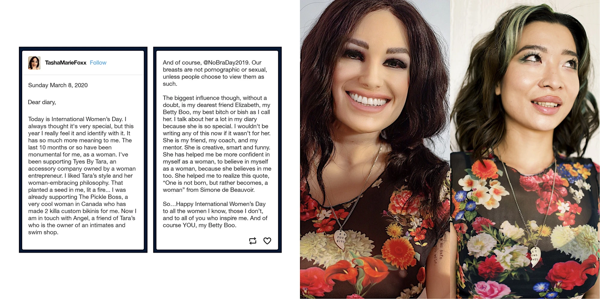 a double page spread from a book. The left is a tumblr entry, and the right shows two people, one silicone and one human.