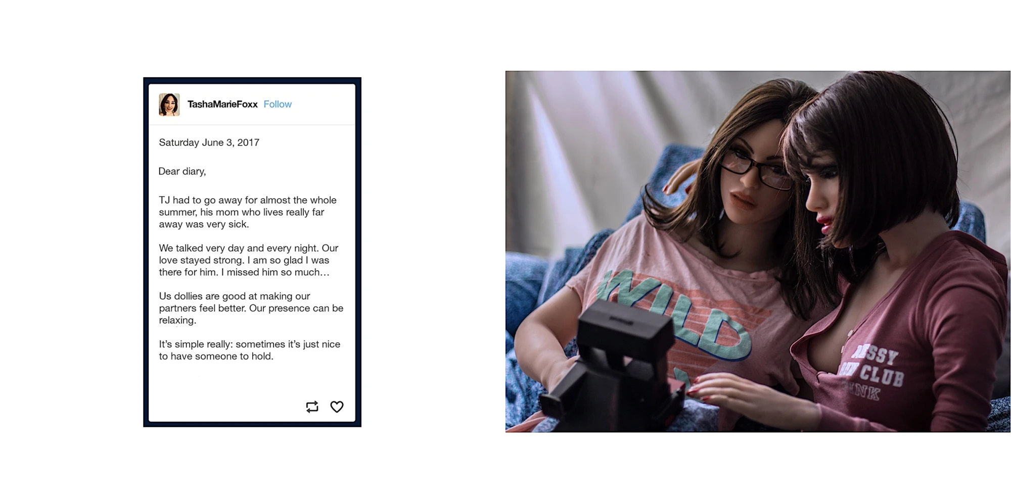 a double page spread from a book. The left is a tumblr entry and the right shows two dolls with their heads together, looking at a camera.