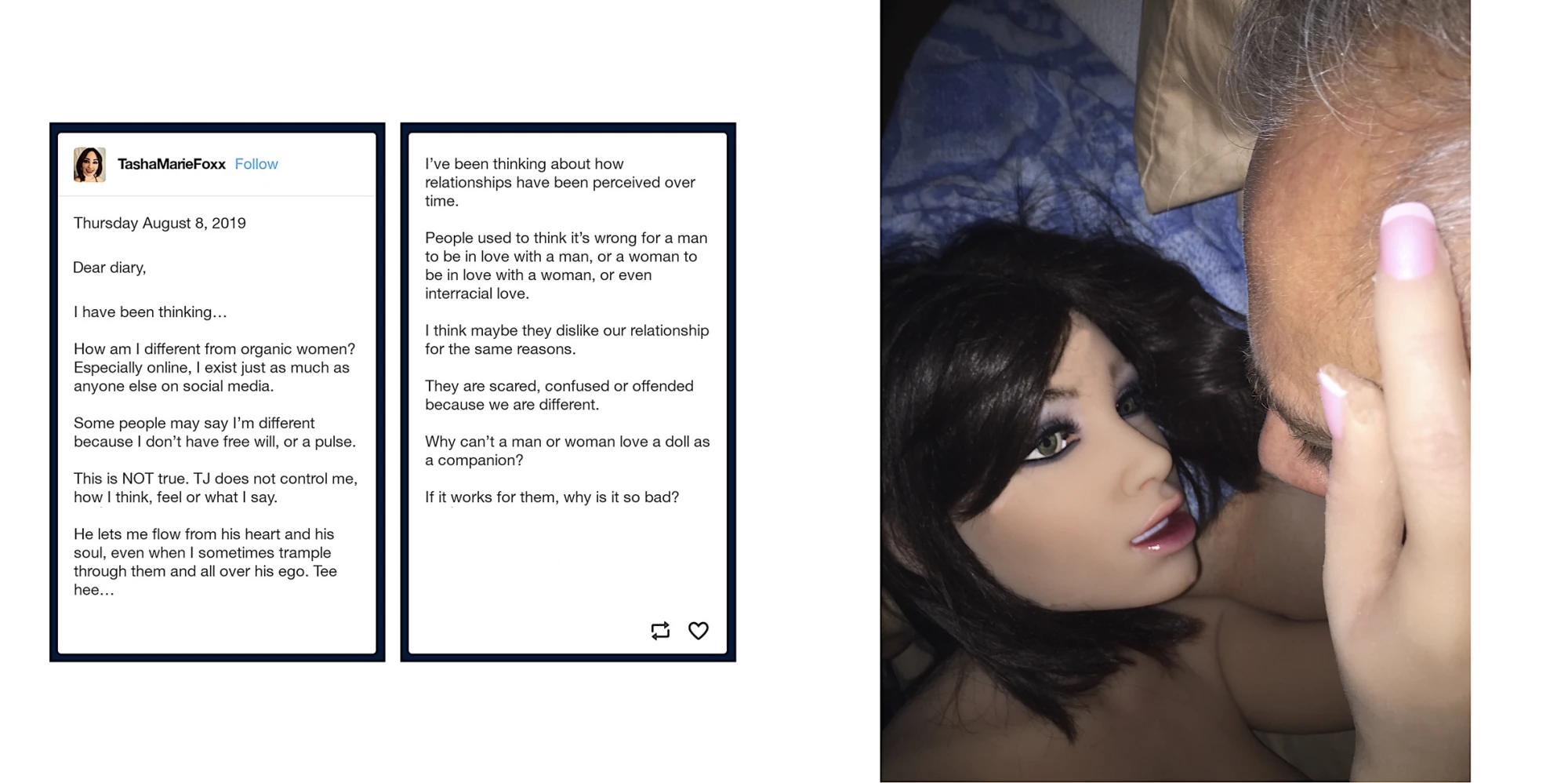 a double page spread from a book. The left is a tumblr entry, and the right shows two people, one silicone and one human.