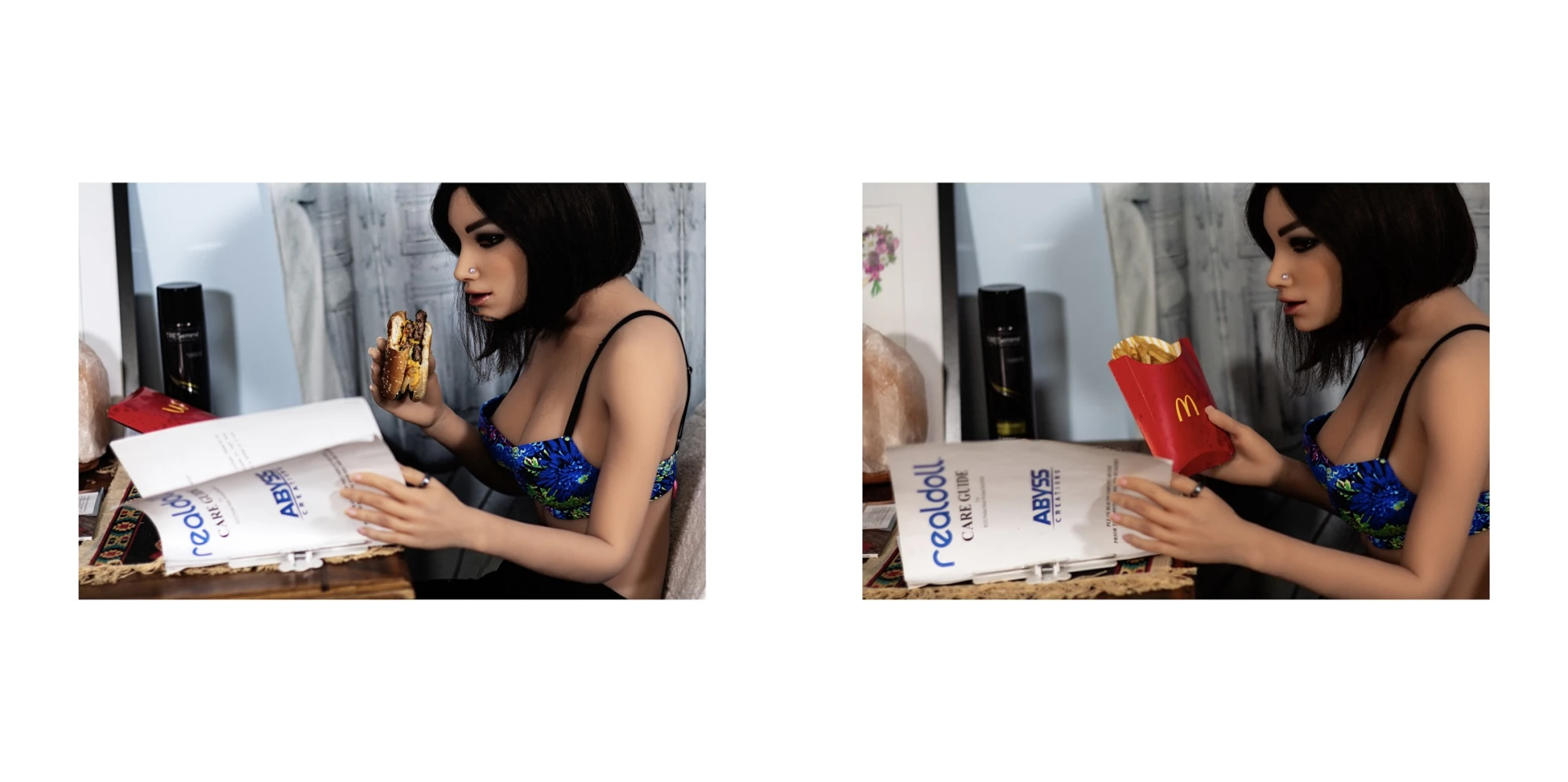 a silicone love doll called Tasha Marie reads an instruction manual on how to care for dolls.