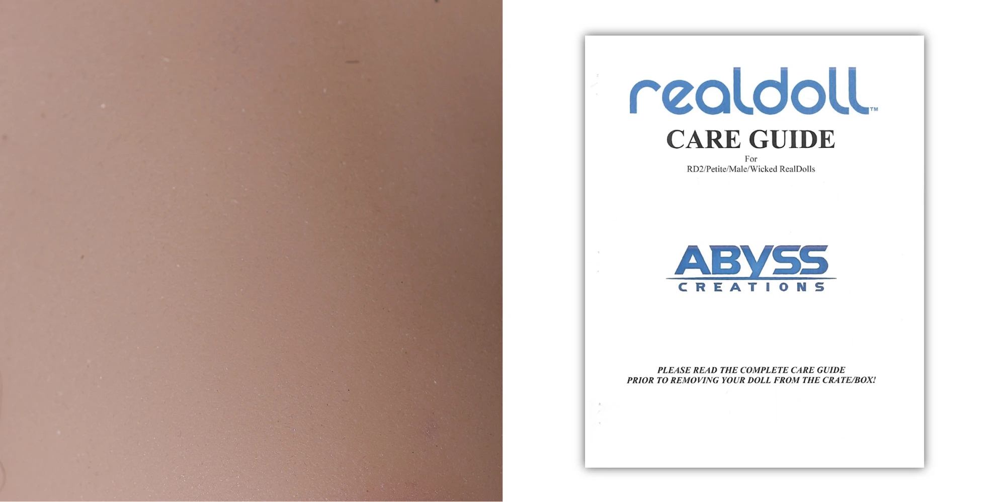 a double spread of a book. On the left side is a flesh coloured image, and the right side says 'RealDoll Care Guide, Abyss Creations'.