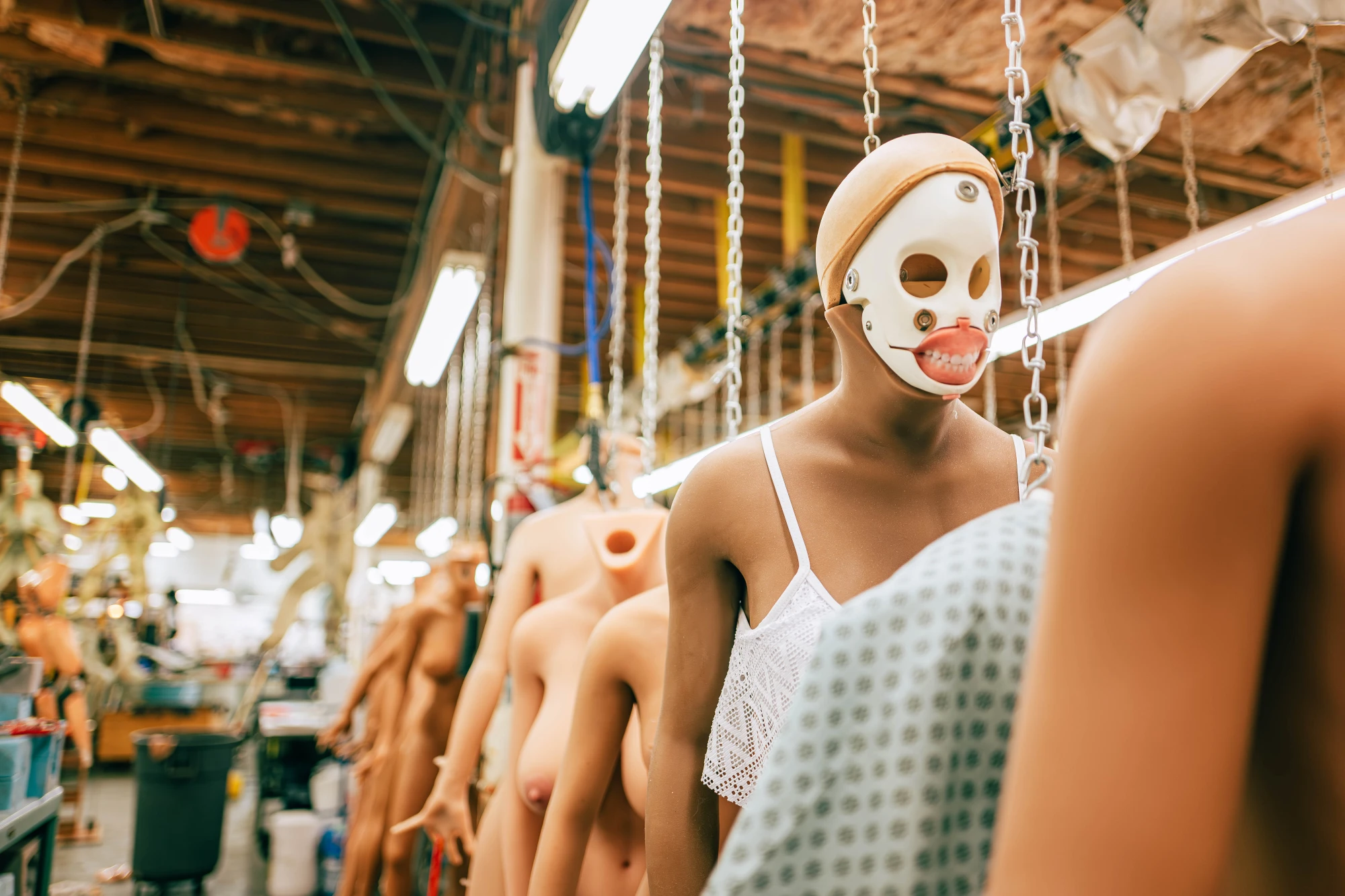 hyperrealistic dolls hang by chains from a factory, one of them is faceless and the rest are headless.