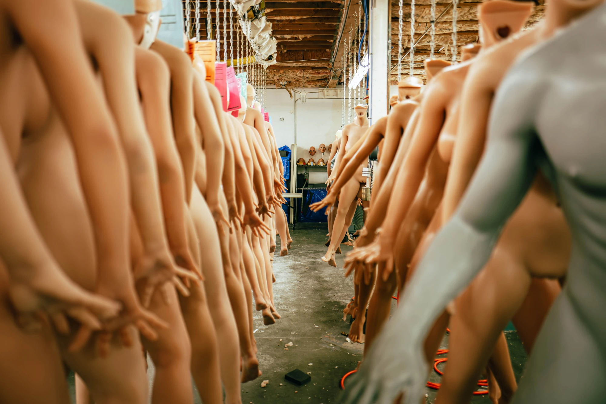 a row of humanoid arms stretch out on each side of the photo.