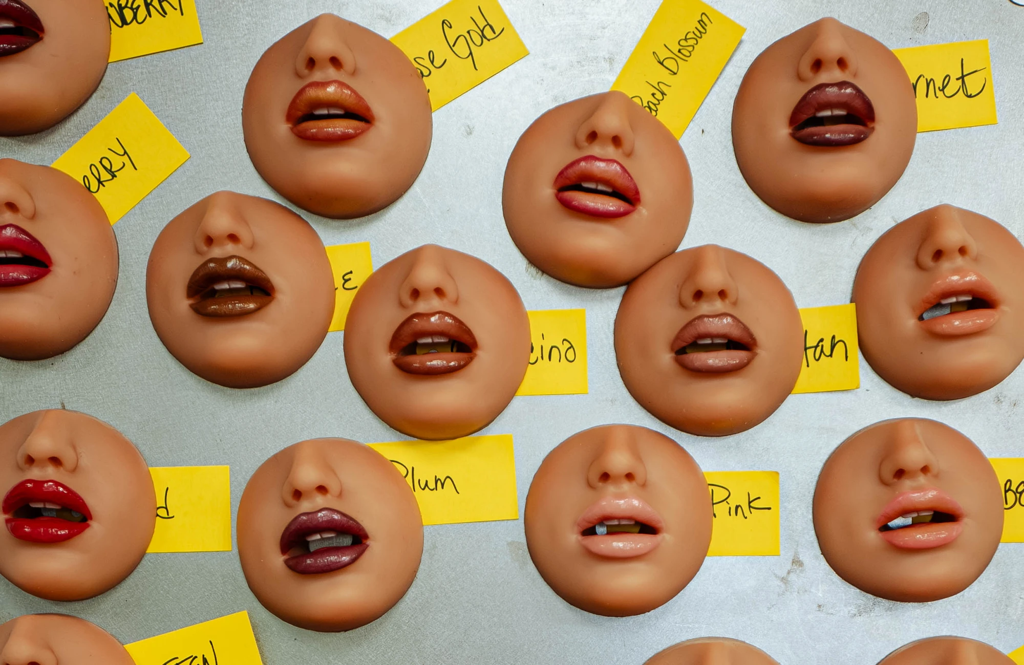 circular silicone lips are stuck on a chrome backdrop, with descripstiond for their lip colours.