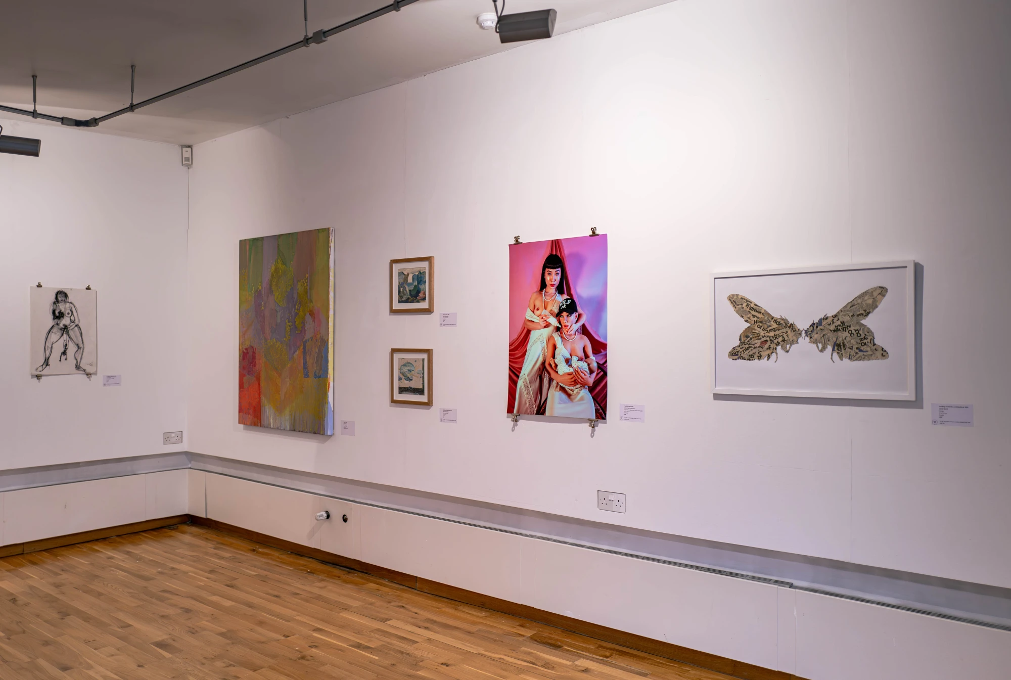 a series of artworks hang on a gallery wall.