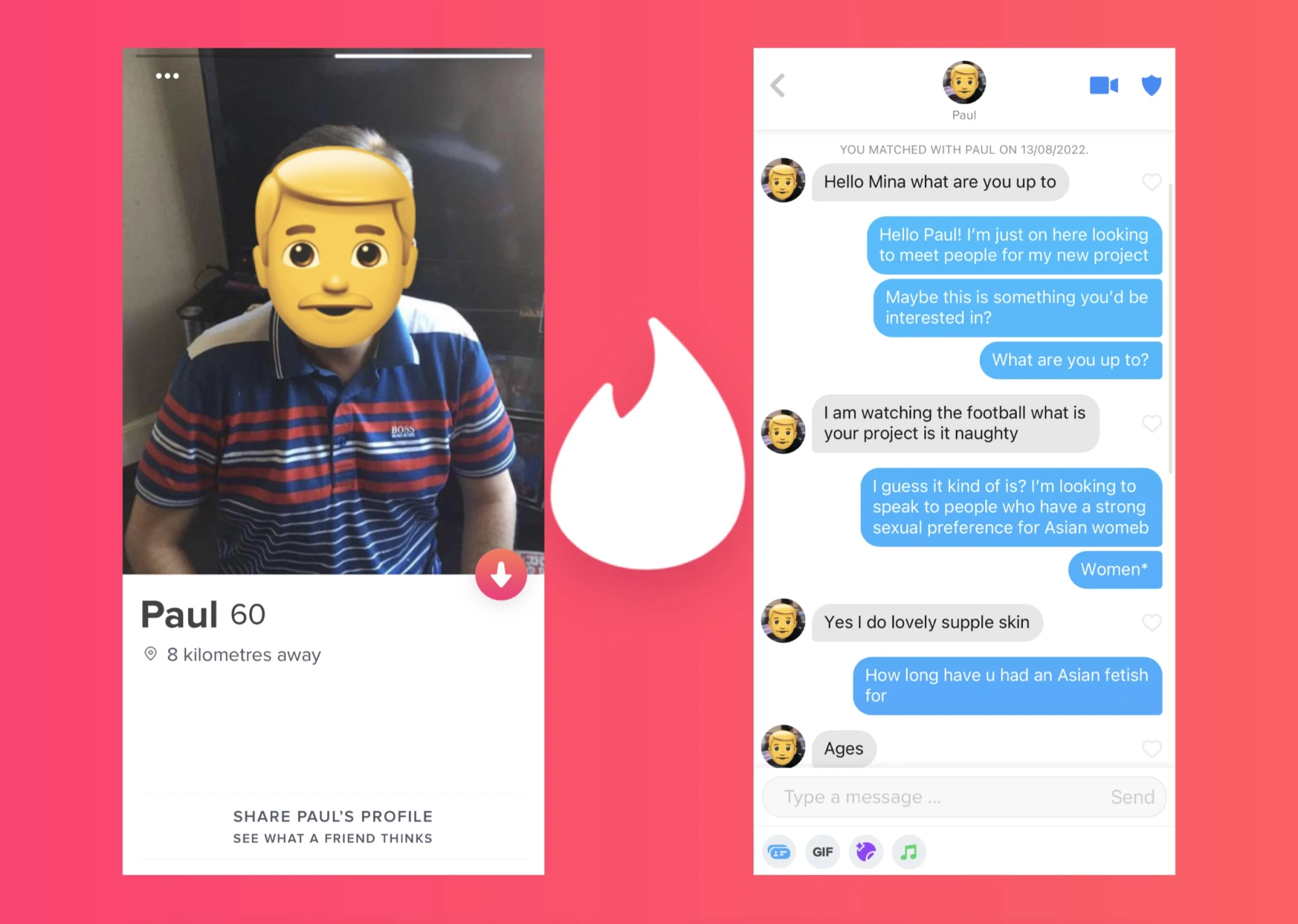 a page from a zine featuring screenshots of a mans profile with his face covered by an emoji, and the conversation.